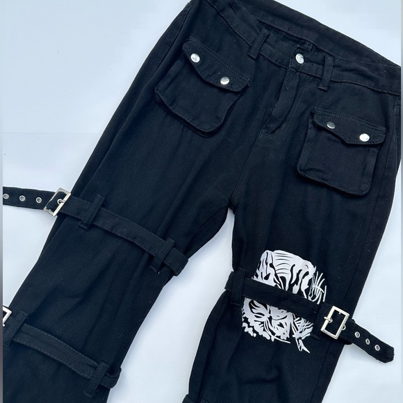 Black Pants with Graphic Design and Buckle Details - Picture 7 of 10